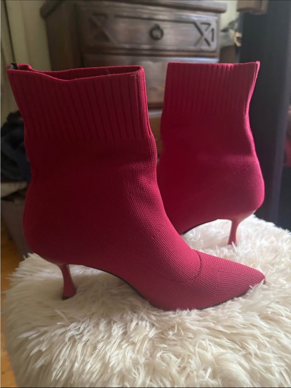 Red Knit Sock Booties with Stiletto Heel